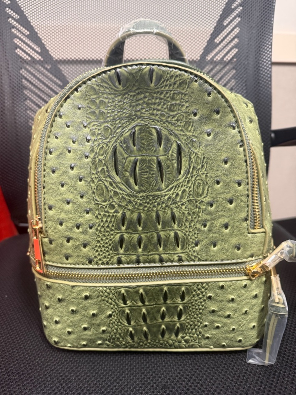 Olive Green Faux Ostrich & Croc Texture Mini Backpack and Wallet